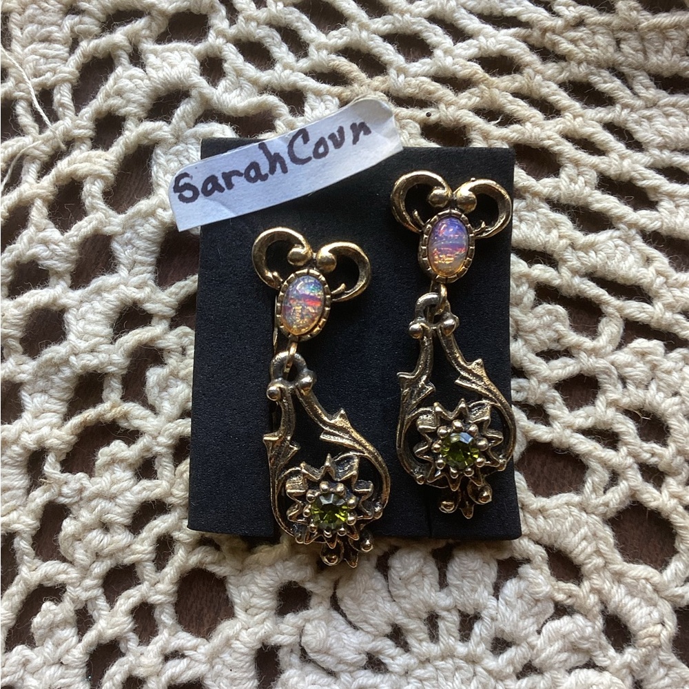 Vintage 70s Sarah Coventry Gold and Opal Drop Clip on Earrings
